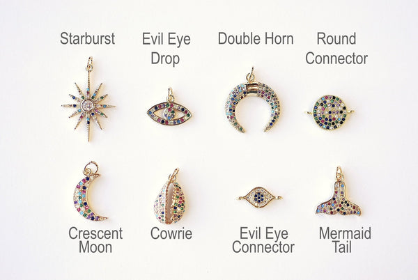 Micro Pave CZ Charms - 16k Gold plated Brass, Gold Double Horn Evil Eye Mermaid Tail Cowrie Cowry Crescent Moon, Rainbow CZ Charms - HarperCrown