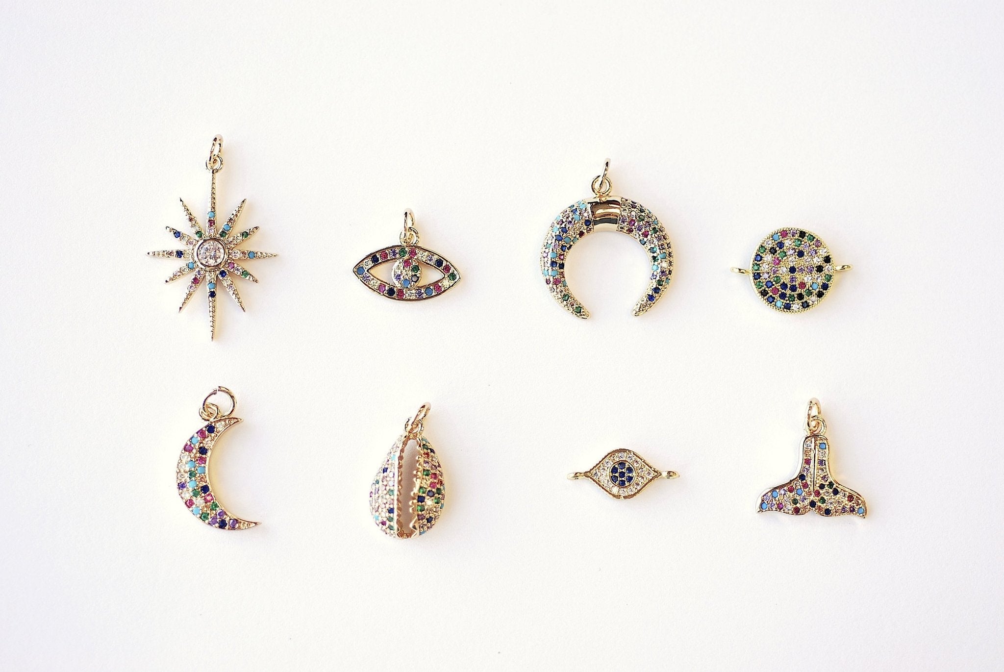 Micro Pave CZ Charms - 16k Gold plated Brass, Gold Double Horn Evil Eye Mermaid Tail Cowrie Cowry Crescent Moon, Rainbow CZ Charms - HarperCrown