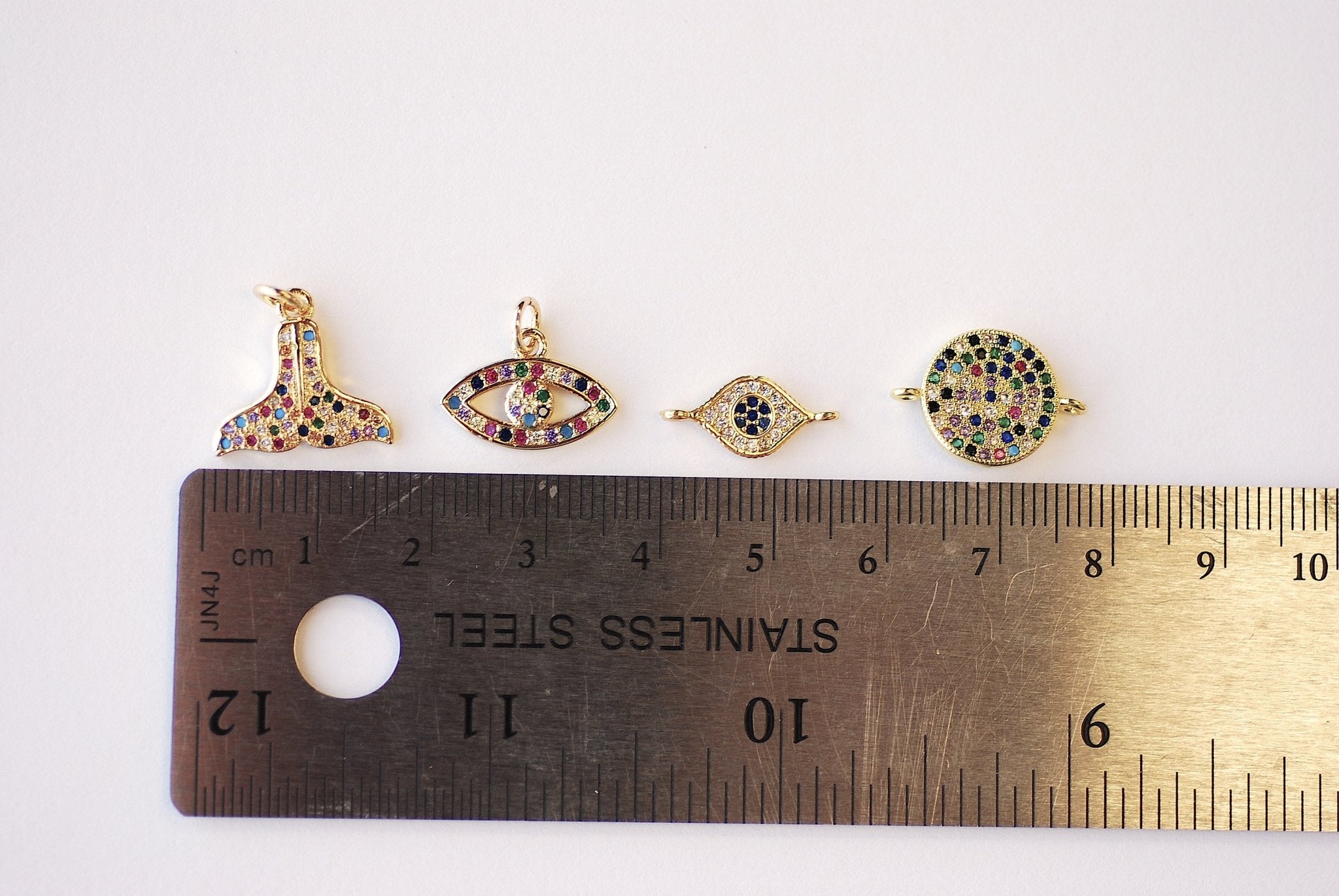 Micro Pave CZ Charms - 16k Gold plated Brass, Gold Double Horn Evil Eye Mermaid Tail Cowrie Cowry Crescent Moon, Rainbow CZ Charms - HarperCrown