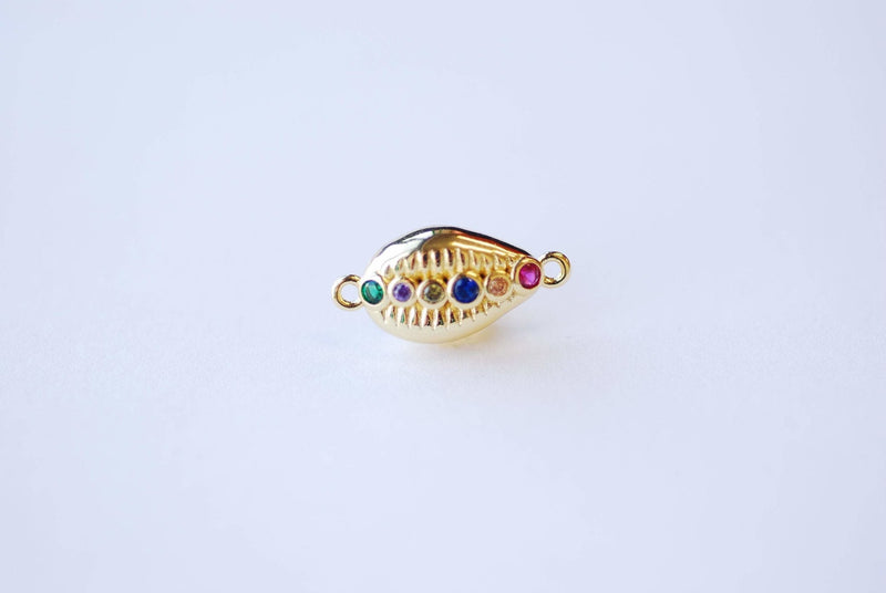 Micro Pave CZ Charms - 16k Gold plated Brass, Gold Rainbow Round Evil Eye Hamsa Hand Cowrie Cowry shell, Multi color CZ Stone Charms, 306 - HarperCrown