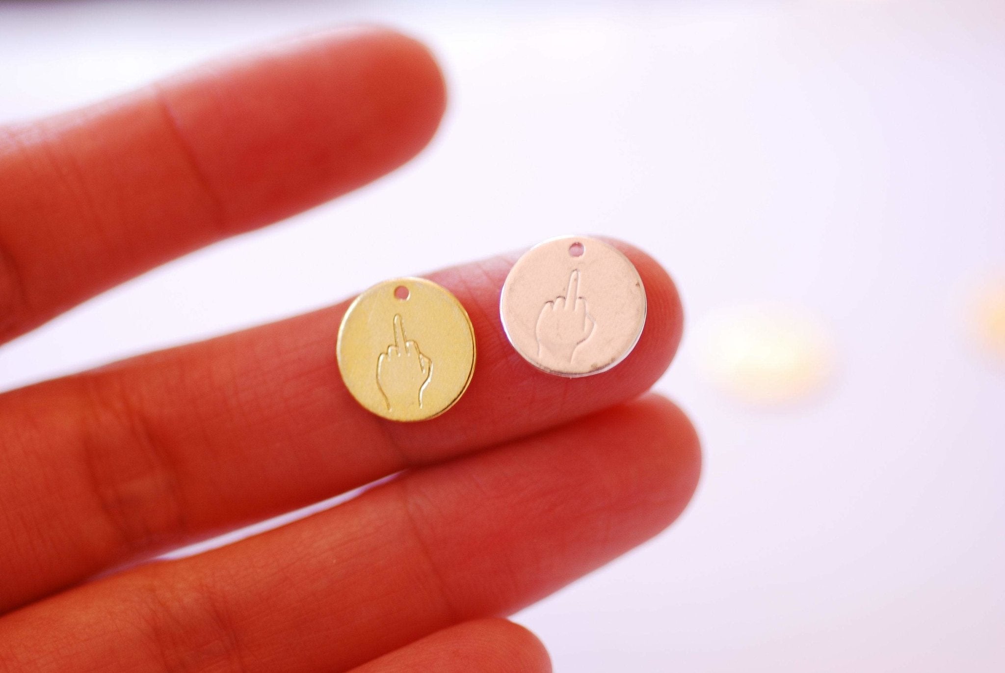 Middle Finger Hand Gesture Silhouette Charm Pendant Disc 18k Gold or 9