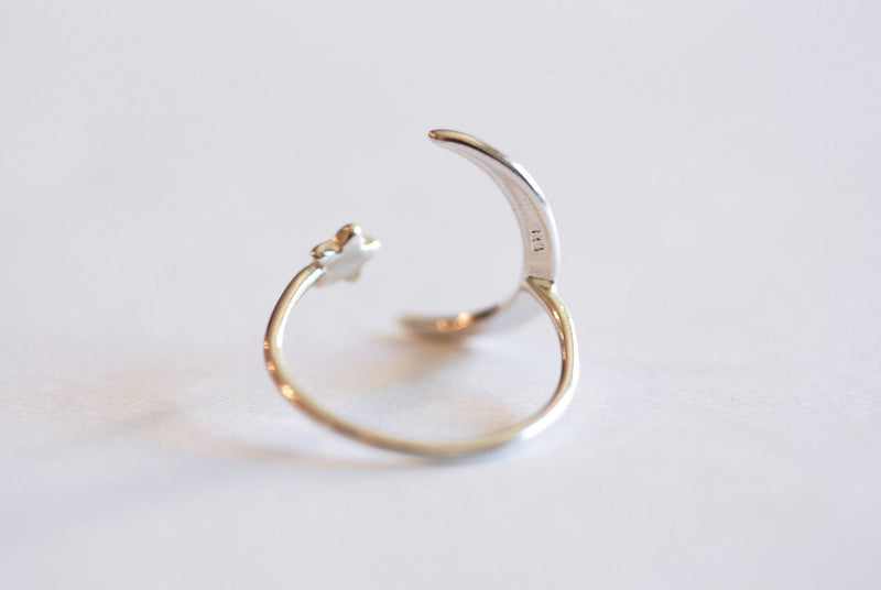Moon and Star Ring- 925 Sterling Silver Adjustable Ring, Crescent Moon & Star Ring, Dainty Ring, Stacking Ring, Everyday Ring, Minimal Ring - HarperCrown