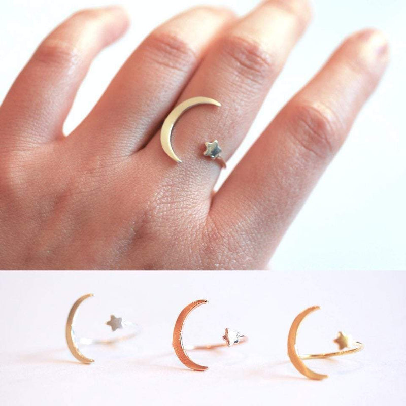 Moon and Star Ring- 925 Sterling Silver Adjustable Ring, Crescent Moon & Star Ring, Dainty Ring, Stacking Ring, Everyday Ring, Minimal Ring - HarperCrown