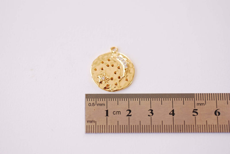 Moon Star Cubic Zirconia Disc Charm - 16k gold plated over Brass Charm Celestial Night Round CZ HarperCrown Etsy Wholesale Brass Charms B104 - HarperCrown