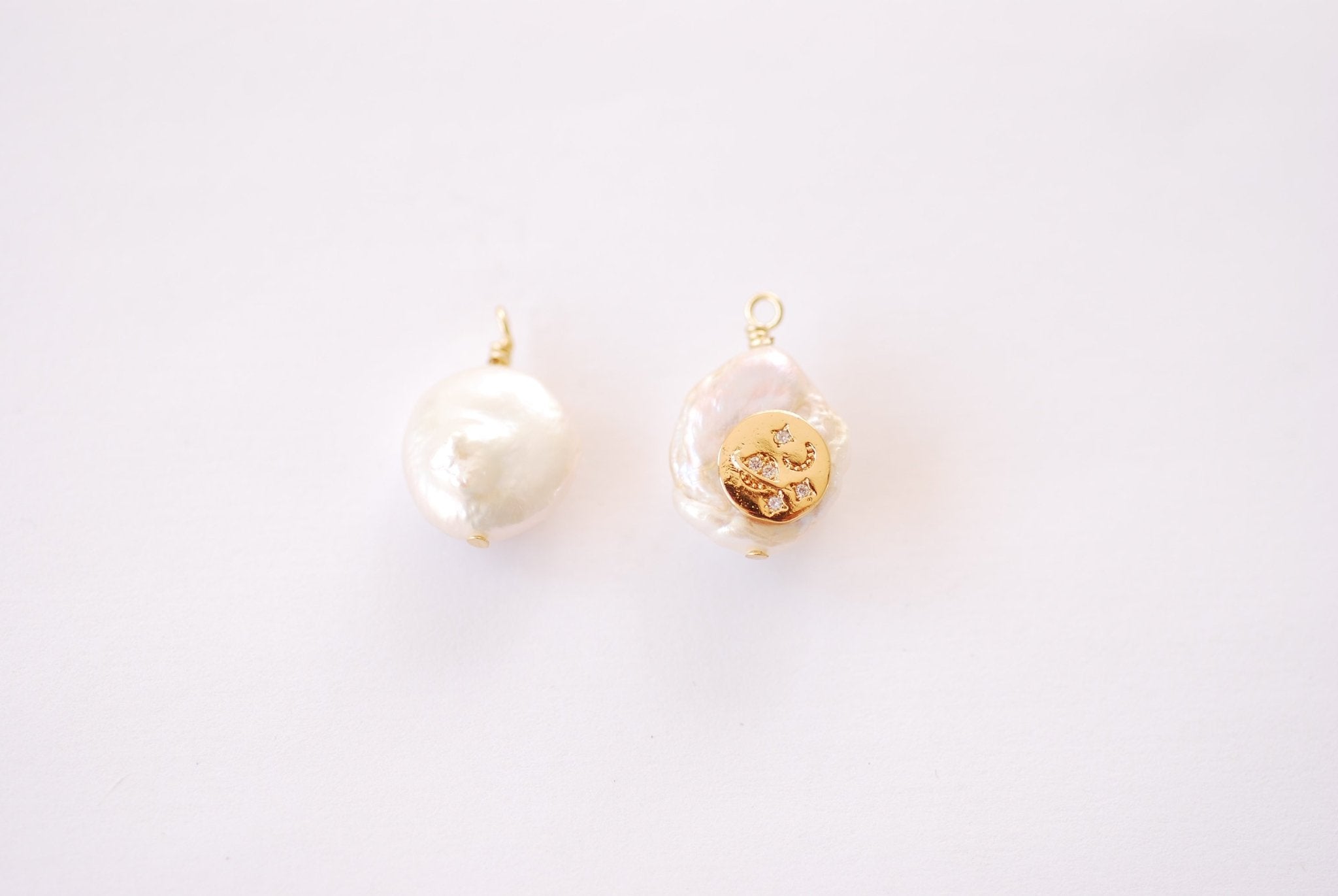 Moon Star Micro Pave CZ Natural Pearl Charm - Pearl Cubic Zirconia Celestial Planet Solar System Star HarperCrown Wholesale Charms B132 - HarperCrown