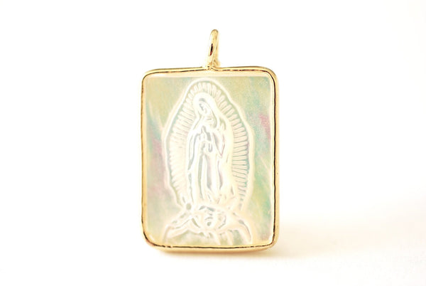 Mother of Pearl Rectangle Virgin Mary Our Lady of Guadalupe Miraculous Catholic Religious Pendant Sacred Heart Cabochon - HarperCrown