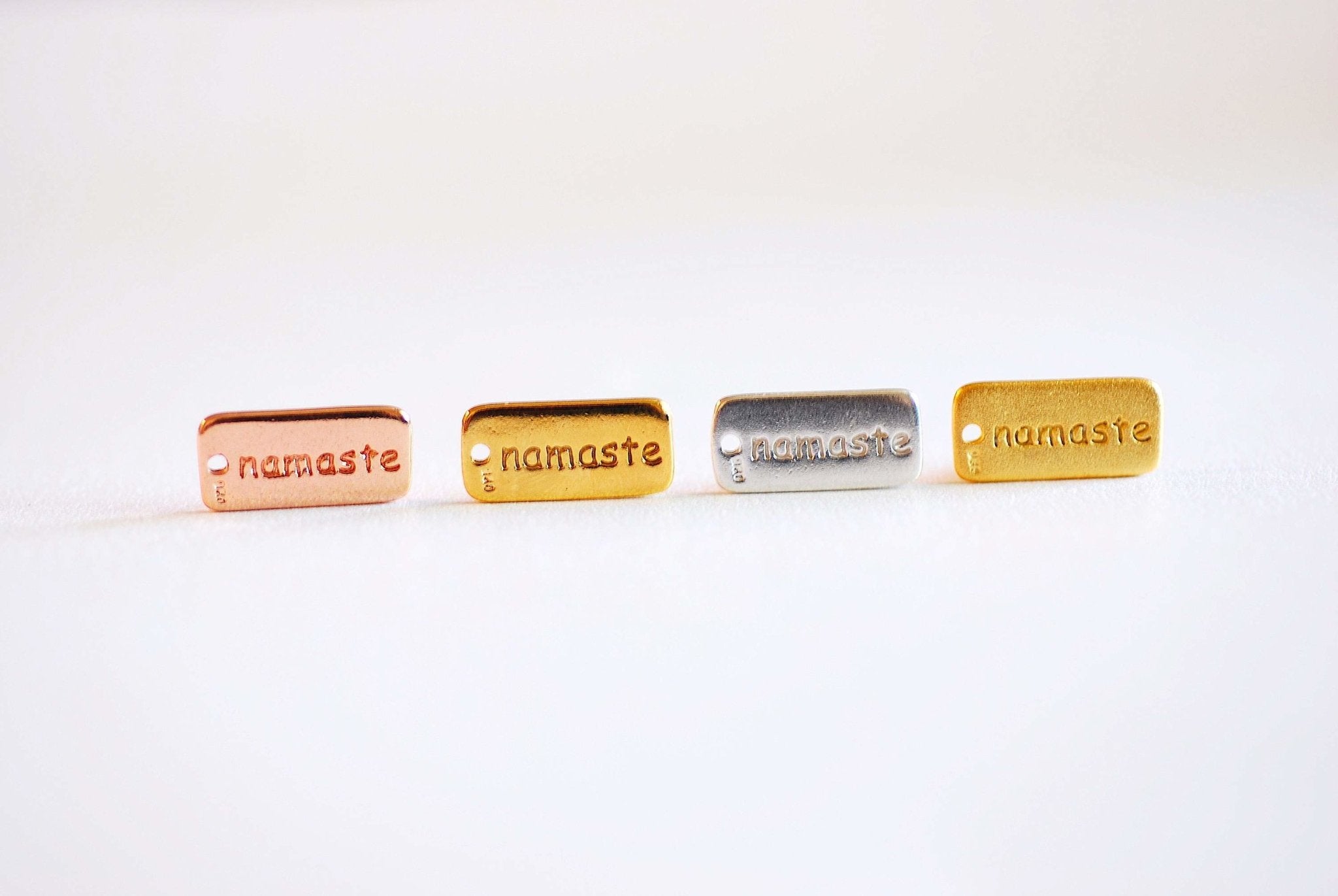 Namaste Charm- 22k Gold plated over 925 Sterling Silver, Namaste Tag, Words Inscribed, Yoga Charm, Meditation Charm, Ohm Om Charm, 391 - HarperCrown