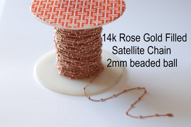 Pay by Foot 14k Rose Gold Filled Satellite Chain 1mm Curb with 2mm Ball 14/20GF, Rose Gold Filled Satellite Beaded Ball Chain - HarperCrown