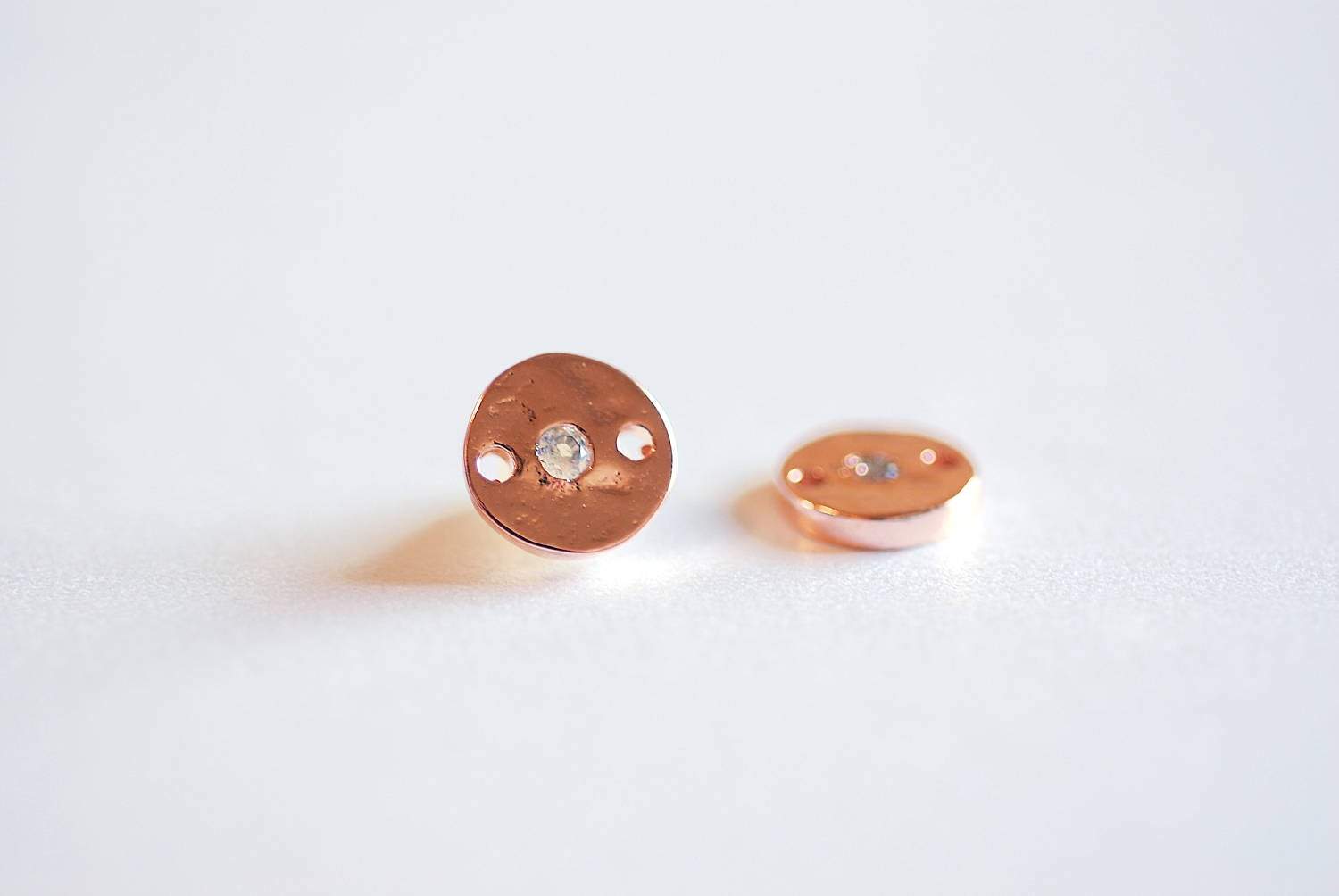Pink Rose Gold CZ Circle Connector- Vermeil Rose Gold Round Circle Charm, Hammered Round Circle Connector Link, Cubic Zirconia Round Charm - HarperCrown