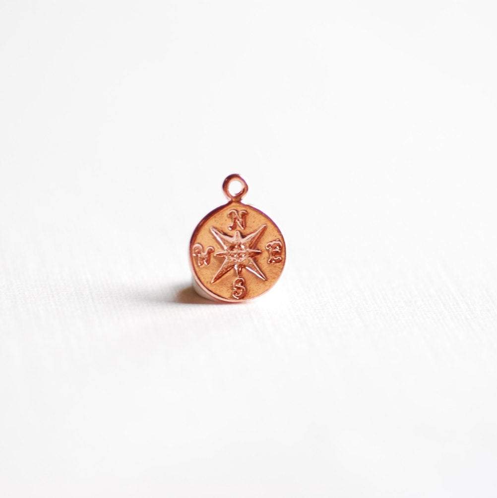 Pink Rose Gold Vermeil Compass Charm- 18k gold plated Round Disc Compass Charm, True North Charm, Pink North East South West Compass, 301 - HarperCrown