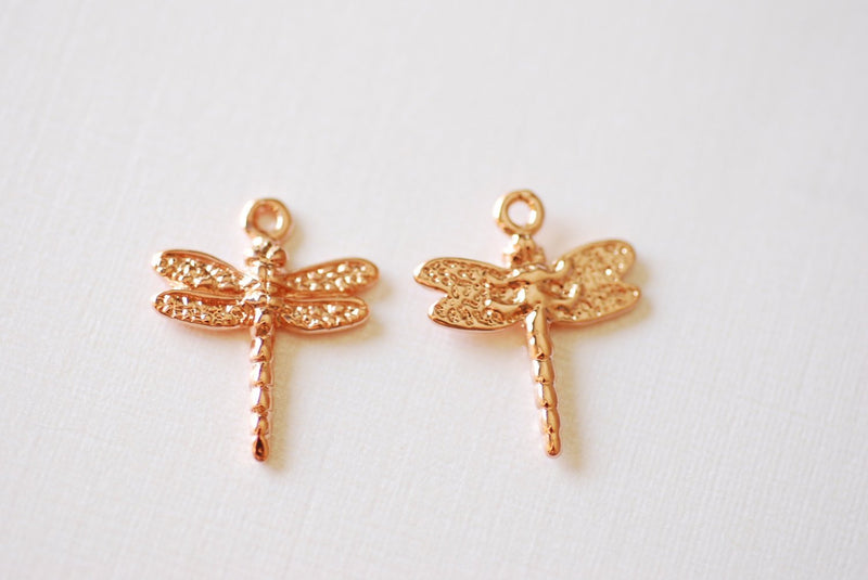 Pink Rose Gold Vermeil Dragonfly Charm Pendant- 18k gold plated over Sterling Silver dragonfly, Vermeil Rose Gold dragonfly, Gold Wings - HarperCrown