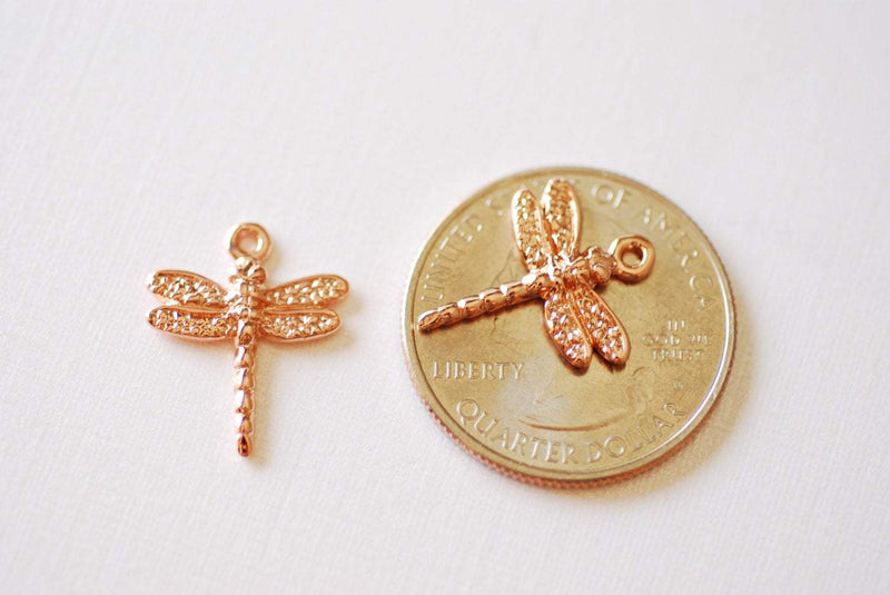 Pink Rose Gold Vermeil Dragonfly Charm Pendant- 18k gold plated over Sterling Silver dragonfly, Vermeil Rose Gold dragonfly, Gold Wings - HarperCrown