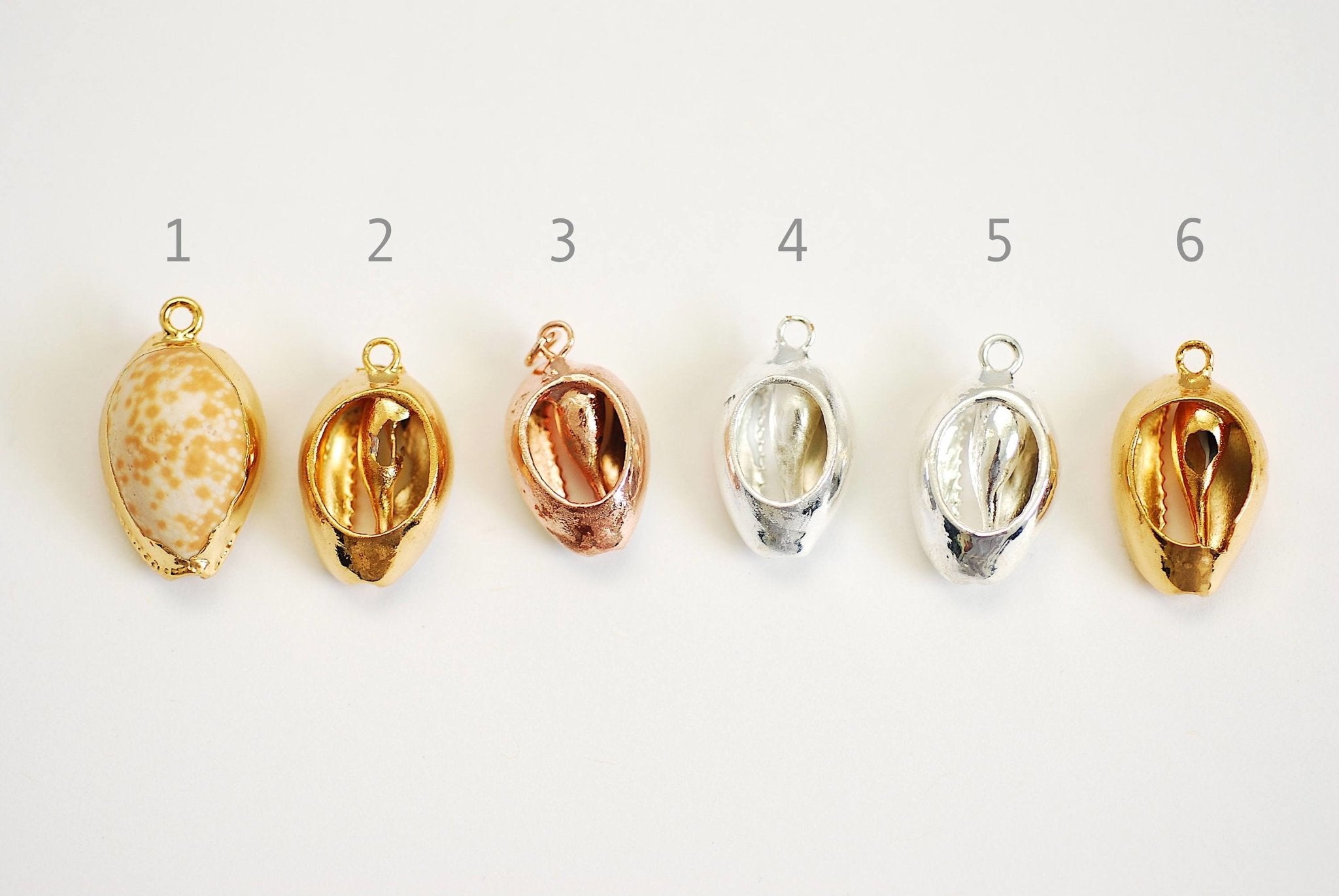 Real Natural Cowrie Shell, Gold, Sterling Silver, Rose Gold, gold dipped shell pendant, Cowrie shell pendant charm, Cut Cowrie Shell Beads - HarperCrown