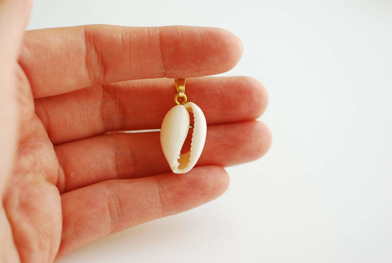 Real Natural Cowrie Shell with Attached Bail- 14k Gold Filled Locket Bail, Twisted peg drop eye bail, Cowry Shell, beach seashell charm - HarperCrown