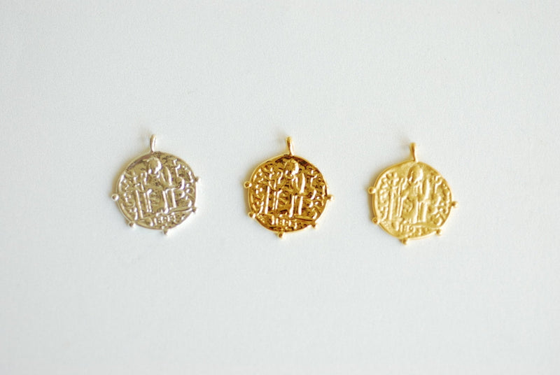 Round Cross Medallion Pendant- Vermeil 18k gold Plated over 925 Sterling Silver, Coin Medallion, Greek Coin, Catholic, Jesus Christ, 478 - HarperCrown