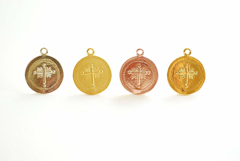 Round Cross Pendent- Vermeil Gold 18k Gold plated over 925 Sterling Silver, Religious Symbol, 18mm Disc, Christian Catholic Cross, 476 - HarperCrown