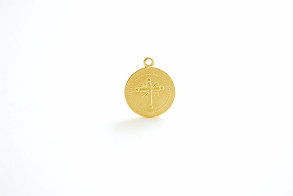 Round Cross Pendent- Vermeil Gold 18k Gold plated over 925 Sterling Silver, Religious Symbol, 18mm Disc, Christian Catholic Cross, 476 - HarperCrown