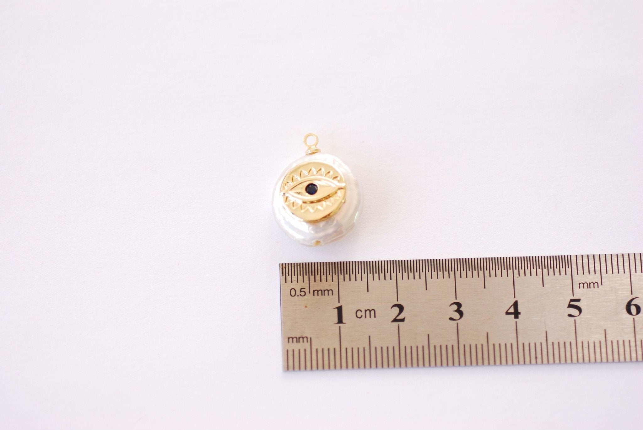 Round Natural Pearl Evil Eye Charm - Round Pearl with Gold Evil Eye Cubic Zirconia Sapphire Blue Stone HarperCrown Wholesale Charms B119 - HarperCrown