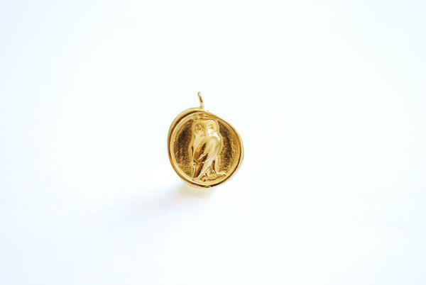 Round Owl Charm - 18k gold plated over 925 sterling silver, Athena Goddess Greek Owl Wisdom, Antique Coin, Greek Goddess Charm 493 - HarperCrown