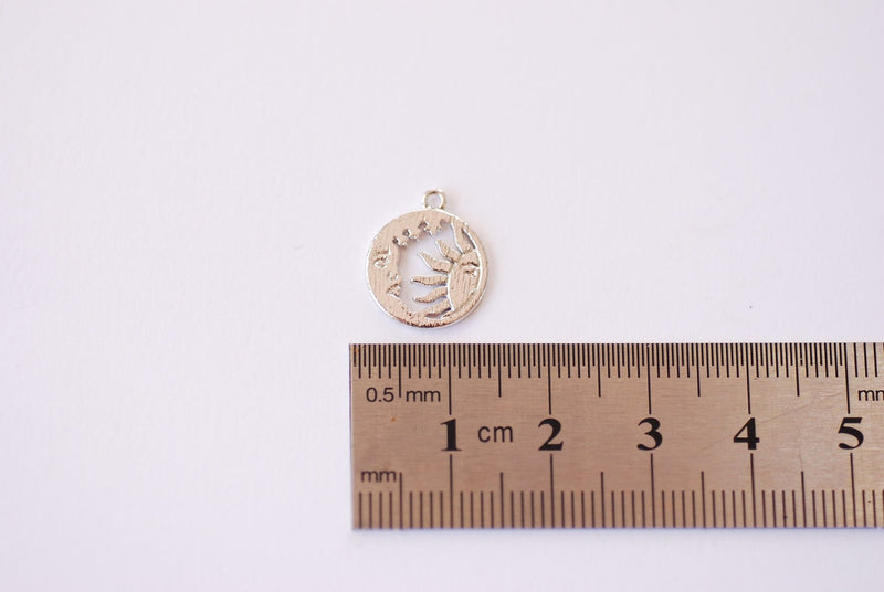 Round Sun and Moon Charm - Rhodium Plated over Brass Charm Round Circle Waning Moon with face and Sun with Face HarperCrown Etsy B111 - HarperCrown