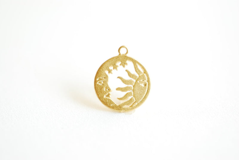 Round Sun and Moon Cut out Charm- Vermeil 18k Gold plated 925 Sterling Silver, 15mm, Sunshine Charm, Crescent Moon, Sun ray Charm, 469 - HarperCrown
