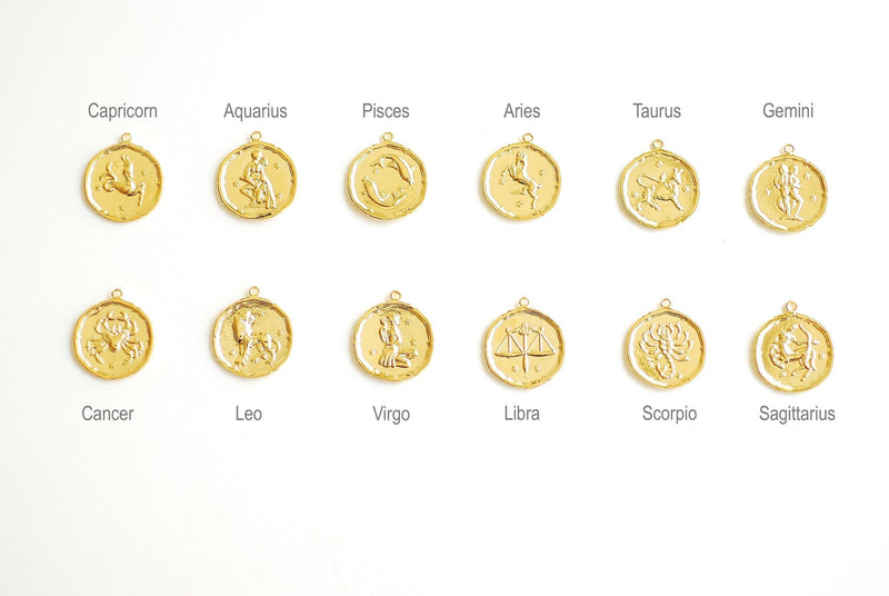 Round Zodiac Pendant- Vermeil Gold 22k Gold plated over 925 Sterling Silver, Zodiac Coin Charm, Constellation Charm, Astrological Sign - HarperCrown