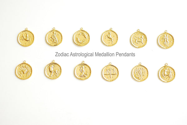 Round Zodiac Pendant- Vermeil Gold 22k Gold plated over 925 Sterling Silver, Zodiac Coin Charm, Constellation Charm, Astrological Sign - HarperCrown