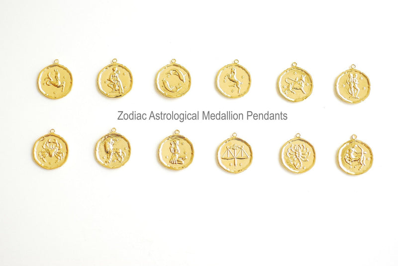 Round Zodiac Pendant- Vermeil Gold 22k Gold plated over 925 Sterling Silver, Zodiac Coin Charm, Constellation Charm, Astrological Sign - HarperCrown