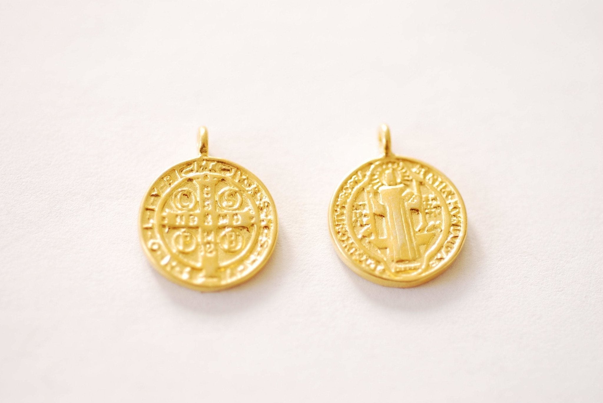 Saint Benedict of Nursia Charm Pendant Vermeil Gold or Sterling Silver Patron Saint Protection from Evil Gold Cross Religious Charm [J333] - HarperCrown