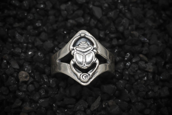 Scarab Beetle Band Ring Ancient Egyptian | 925 Sterling Silver, Oxidized or 18K Gold Plated | Adjustable Size - HarperCrown