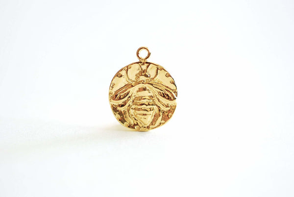 Shiny Gold Bee Charm- Vermeil Gold, Silver Bumblebee, Honeybee, Queen Bee, Coin Disc Charm, Silver Charm, Gold Charm, Large Bee Pendant, 374 - HarperCrown