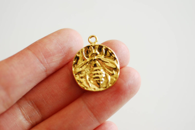 Shiny Gold Bee Charm- Vermeil Gold, Silver Bumblebee, Honeybee, Queen Bee, Coin Disc Charm, Silver Charm, Gold Charm, Large Bee Pendant, 374 - HarperCrown
