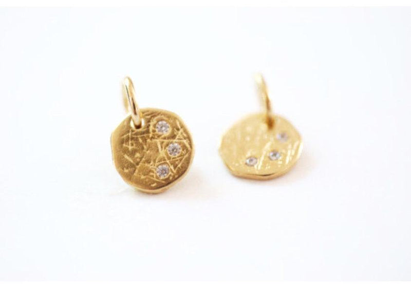 Shiny Gold CZ Disc Charm , Three wishes Charm, Disc with Crystals, Etched Disc, Textured Discs, CZ Accent Disc, Pave Disc, Vermeil Gold, 346 - HarperCrown