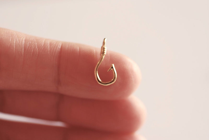 Shiny Gold Fish Hook Charm Pendant- Vermeil 22k Gold plated Sterling Silver, Fishing Hook, Nautical Charm, Fish Hook Connector, Anchor, 363 - HarperCrown