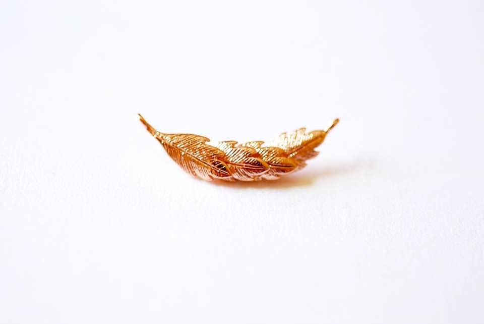 Shiny Pink Rose Vermeil Gold Feather Leaf Connector Charm- 18k gold plated over Sterling Silver Reef Charm, Link, Spacer, branch, tree, twig - HarperCrown