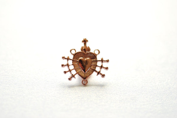 Shiny Pink Rose Vermeil Gold Holy Sacred Heart Connector Charm- 18k gold plated over 925 silver Religious Rosary Pendant, Heart Rosary, 214 - HarperCrown