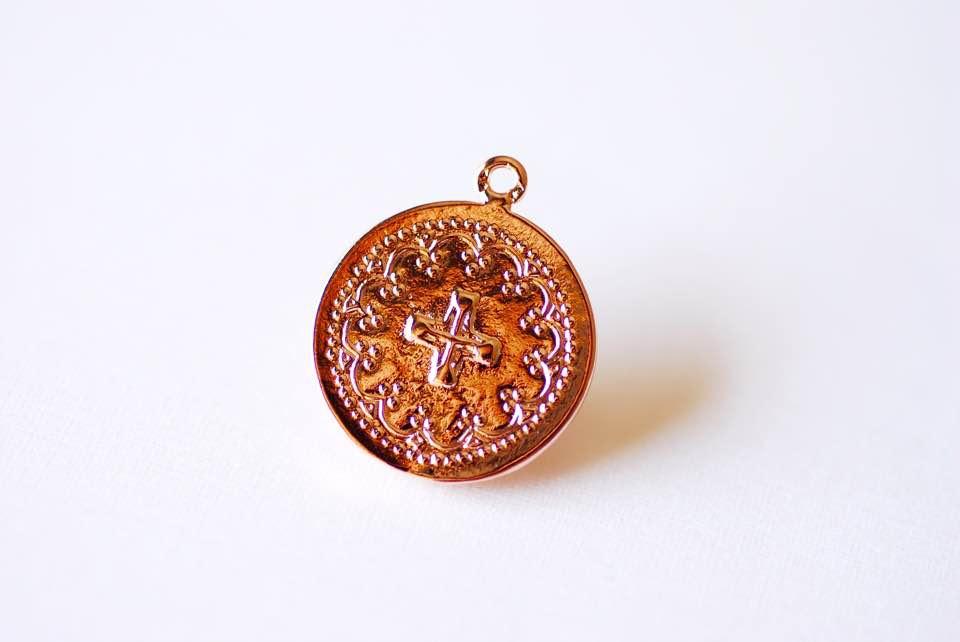 Shiny Pink Vermeil Rose Gold Round Cross Pendant - 18k gold plated over sterling silver, Communion Cross, Rose Gold Christian Catholic Cross - HarperCrown