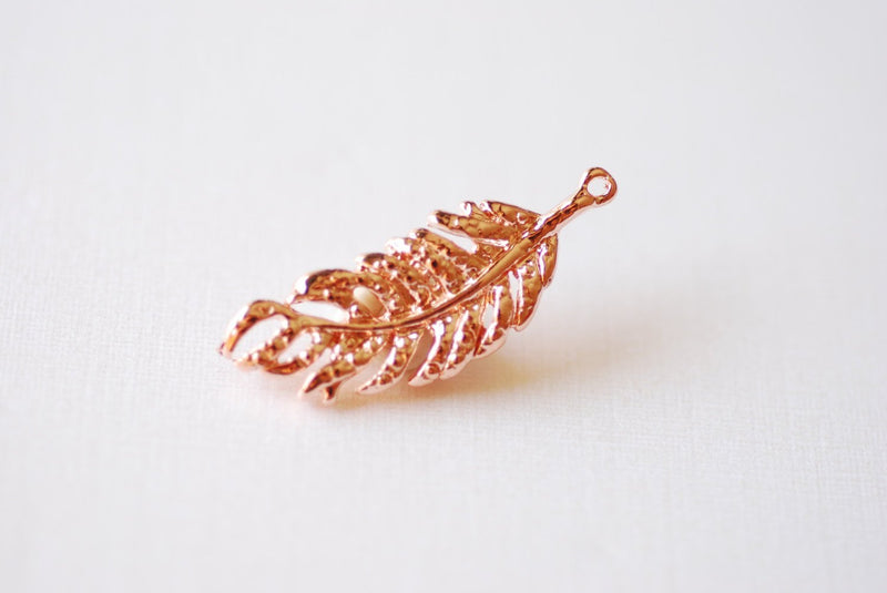 Shiny Rose Vermeil Gold Fern Feather Leaf Charm - 18k gold plated over Sterling Silver, Rose Gold Flower Leaf Charm, Gold Tree Branch Charm - HarperCrown