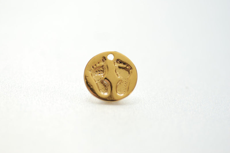 Shiny Vermeil Gold Baby Feet Print Disc Charm - 18k Gold Plated sterling silver, tiny baby feet on round disk, Gold Baby Feet imprint - HarperCrown