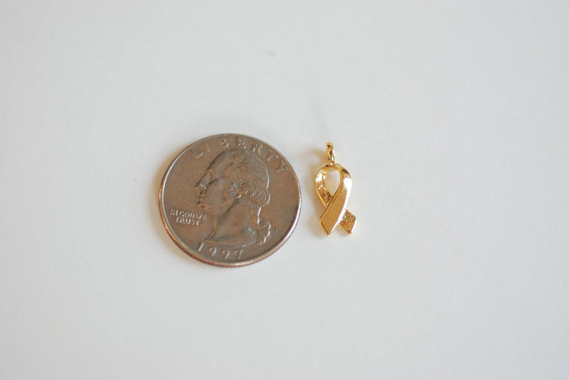 Shiny Vermeil Gold Breast Cancer Ribbon -18k gold plated over sterling silver, symbol of breast cancer awareness,Breast Cancer Jewelry Charm - HarperCrown