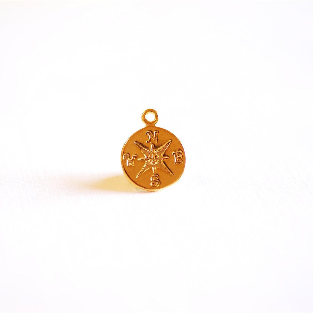 Shiny Vermeil Gold Compass Charm- 18k gold Compass Gold Round Disc Charm, True North Charm, Gold North East South West Compass, 301 - HarperCrown