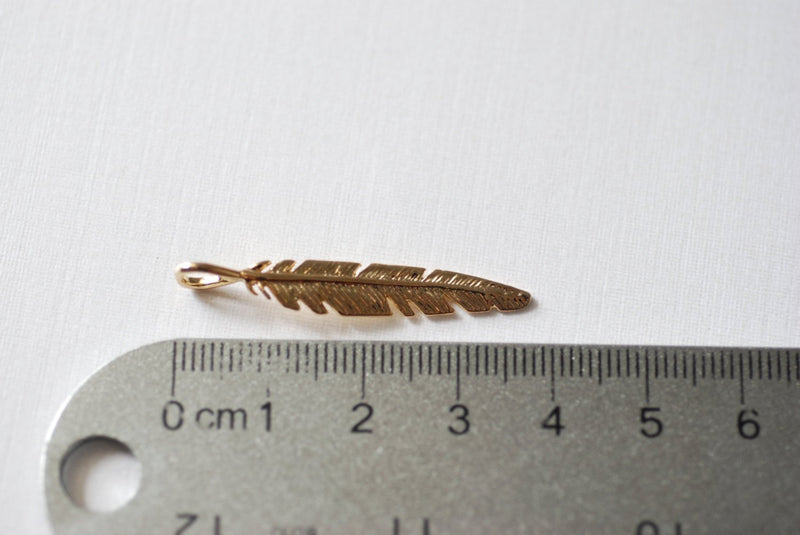 Shiny Vermeil Gold Feather Charm- 22k gold plated sterling silver feather pendant, bird feather, tribal feather charm, Gold Feather Leaf, 9 - HarperCrown