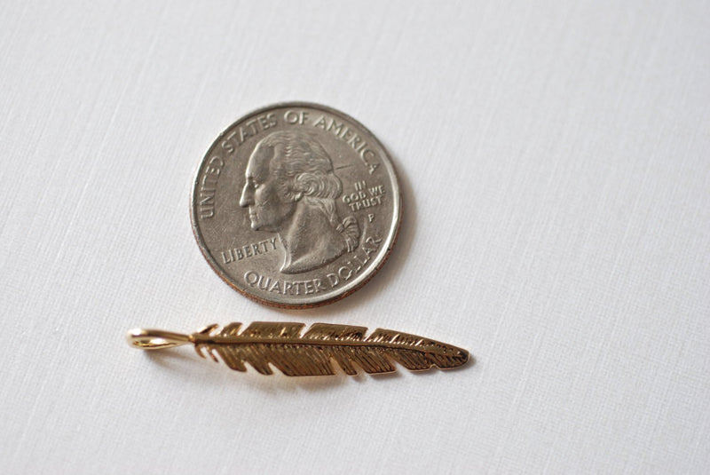 Shiny Vermeil Gold Feather Charm- 22k gold plated sterling silver feather pendant, bird feather, tribal feather charm, Gold Feather Leaf, 9 - HarperCrown