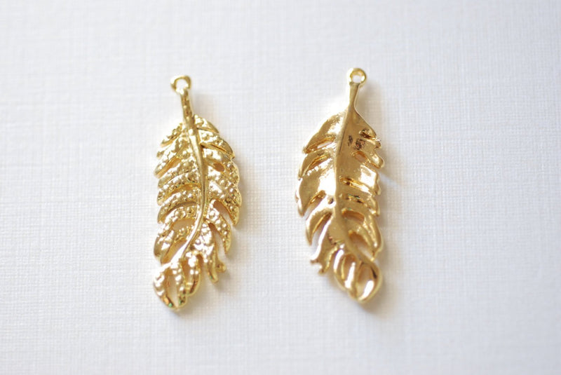 Shiny Vermeil Gold Fern Feather Leaf Charm - 18k gold plated over Sterling Silver, Gold Flower Leaf Charm, Gold Tree Branch Charm, Nature - HarperCrown
