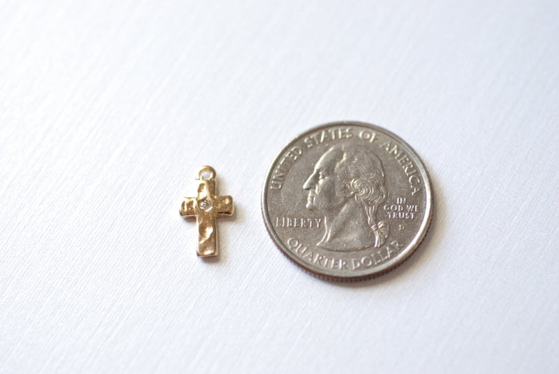 Shiny Vermeil Gold Hammered Cross- 18k gold plated over Sterling Silver, Vermeil Cross Charm, Gold Cross Pendant, Gold Cross Charm with cz - HarperCrown