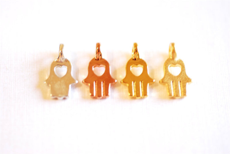 Shiny Vermeil Gold Hamsa Hand with centered heart charm- 18k gold plated over Sterling Silver Hamsa Hand, Heart Hamsa hand Charm, 44 - HarperCrown