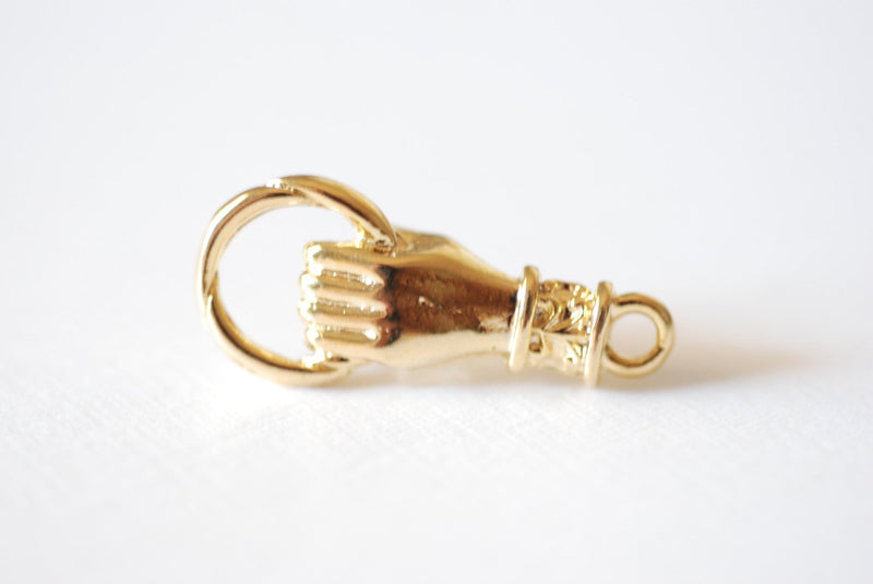 Shiny Vermeil Gold Hand Connector- 18k gold plated over Sterling Silver, Hand of Fatima connector, Hand Holding Ring Connector, hand, 34 - HarperCrown