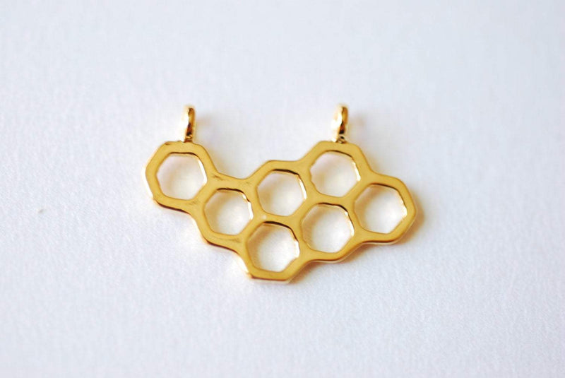 Shiny Vermeil Gold Honeycomb Charm- 18k gold plated over Sterling Silver Honeycomb, Gold Geometric Hexagon Charm, Gold Beehive Charm, 241 - HarperCrown