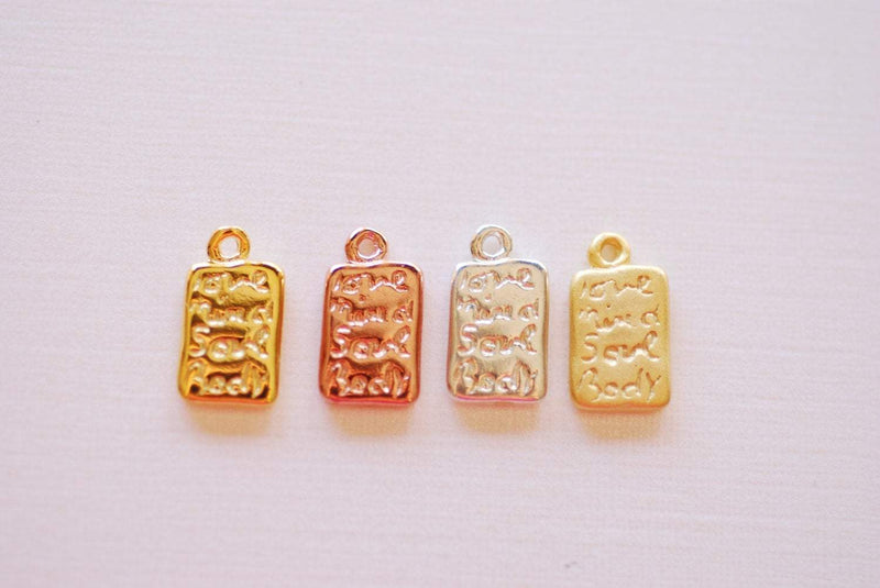 Shiny Vermeil Gold Rectangle Charm Pendant- 18k gold plated over Sterling Silver, Love, Mind, Soul, Body, Words on bar charm, Stamped Bar - HarperCrown