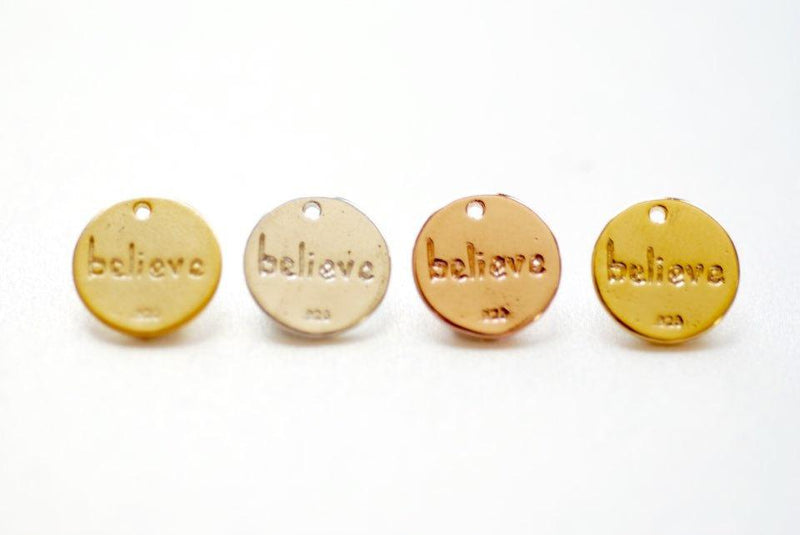 Shiny Vermeil Gold Round BELIEVE Disc- 18k gold plated over Sterling Silver, 12mm Round Gold Disc, Believe, Vermeil Gold Round Blanks, 185 - HarperCrown